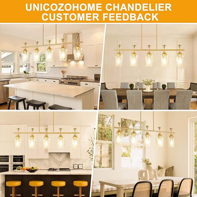 37" Dining Room Light Fixture/Chandelier Over Table, 5-Light Brushed Gold Kitchen Island Lighting with Clear Glass Shade, Modern Hanging Pendant Lights Fixture for Kitchen Island, Dining Room, Bar