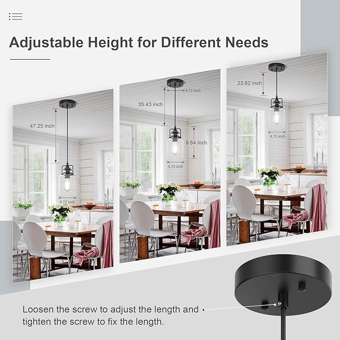 hansang Pendant Lights Kitchen Island, Modern Black Pendant Light Fixture, Kitchen Ceiling Hanging Lights, 47Inches Adjustable Rope, Farmhouse Clear Glass, E26 Base, Bulbs Not Included, 1 Pack