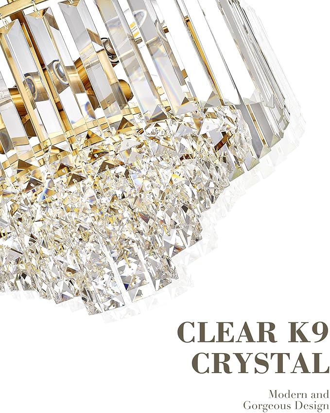 15'' Gold Chandelier, 5-Tier Crystal Chandelier, Modern Pendant Light for Dining Room Kitchen Island Bedroom Entryway, CC4215-5W-PG