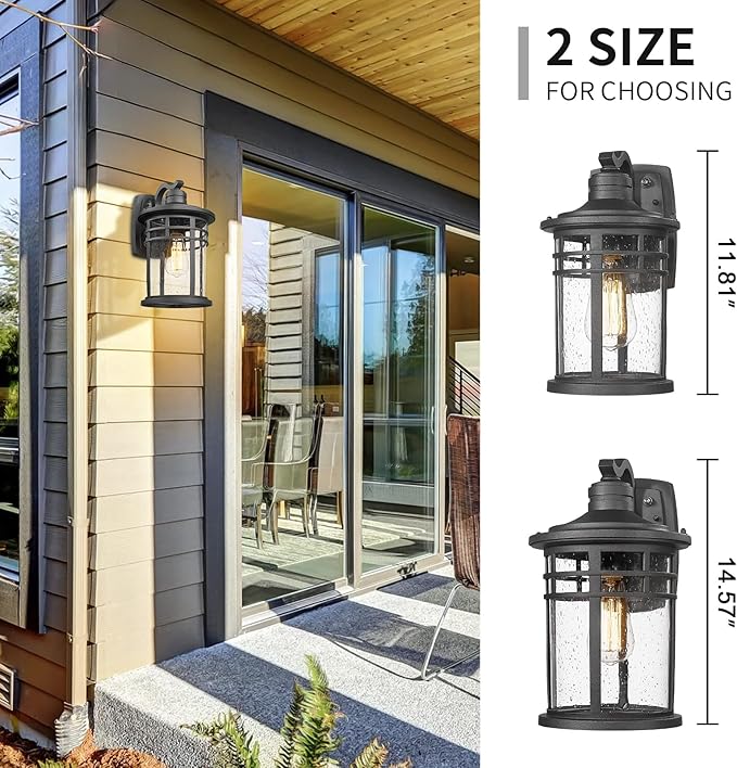 Darkaway Dusk to Dawn Outdoor Porch Wall Light,Outside Wall Mounted Light Seeded Glass Exterior Waterproof Lantern 14.57inch Large Modern Wall Sconce Lighting for House Front Door Garage