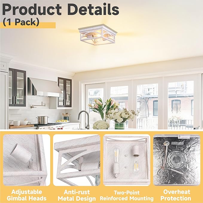 Rustic Flush Mount Ceiling Light Fixture, Farmhouse Close to Ceiling Light Fixture for Hallway Porch Bedroom, Kitchen Lights Ceiling, 1 Pack, White, Hand-Finished Wood-Look