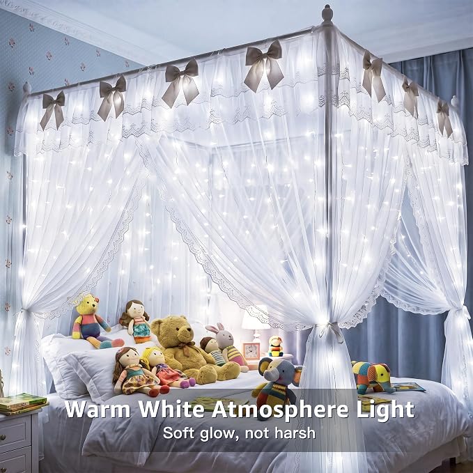 Ollny Curtain Lights 6.6x6.6ft, Plug in String Lights for Indoor Bedroom, 200 LED Connectable Fairy Light with Remote Timer 8 Modes, Waterproof Christmas Light for Outdoor Wedding, Cool White