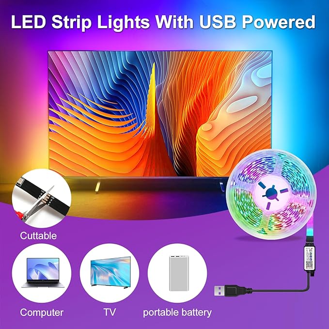 LED Strip Lights for Bedroom, 32.8ft Smart RGB Music Sync Bluetooth App & Remote Control, USB-Powered LED Strip Lights for TV, Gaming, Bedroom, PC, Home Theater