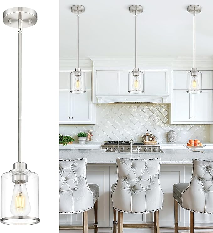 Beionxii Brushed Nickel Pendant Lights Kitchen Island, Hanging Lights Fixtures with Clear Glass, Kitchen Pendant Lighting Over Island, Hanging Lights for Sink, Dining Room, Entryway, BX-PL02BN-CG