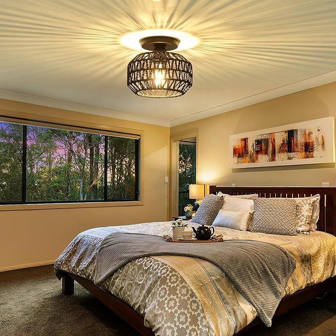 2 Pack Farmhouse Light Fixtures Ceiling Mount,Mini Rattan Boho Semi Flush Mount Ceiling Light,Hand Woven Hallway Light Fixtures for Bedroom Entryway