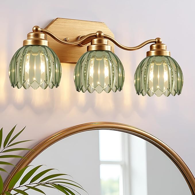 VbiTmn Gold Bathroom Light Fixtures, 3 Light Vintage Vanity Lights, Antique Brass Brushed Gold Finish, Crystal Green Glass Shade, Mid Century Wall Sconces for Bedroom, Living Room, Hallway