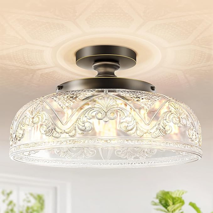 Semi Flush Mount Ceiling Light, 12 Inch Large Bronze Ceiling Light Fixture, 3-Light Globe Glass Farmhouse Kitchen Lighting Fixtures for Bathroom, Hallway, Dining Room (Bulb Not Included)
