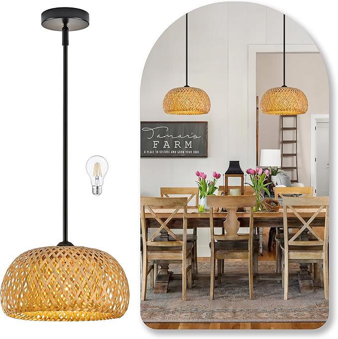 12" Bamboo Pendants Light Wicker Pendant Lights Boho Chandelier Adjustable Rustic Basket Rattan Pendant Wicker Light Fixture Woven Pendants for Kitchen Island Dining Room (Bulb Incl.)