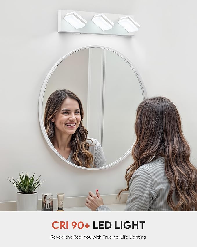 VONLUCE Bathroom Vanity Light Fixture, 3-Light Modern LED Vanity Lights, 3CCT Adjustable Bathroom Light with Memory Function Rotatable Shades, 18" Wall Lighting Fixture Over Mirror, Matte White