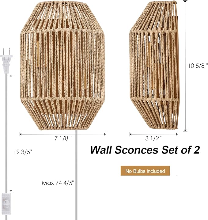 Natural Rattan Plug-in Wall Sconce Set of 2, with Boho Woven Wicker Shade Antique Brass Brush Paint Finish for Vanity Stairway Fireplace Living Room Bedside Passway Hallway