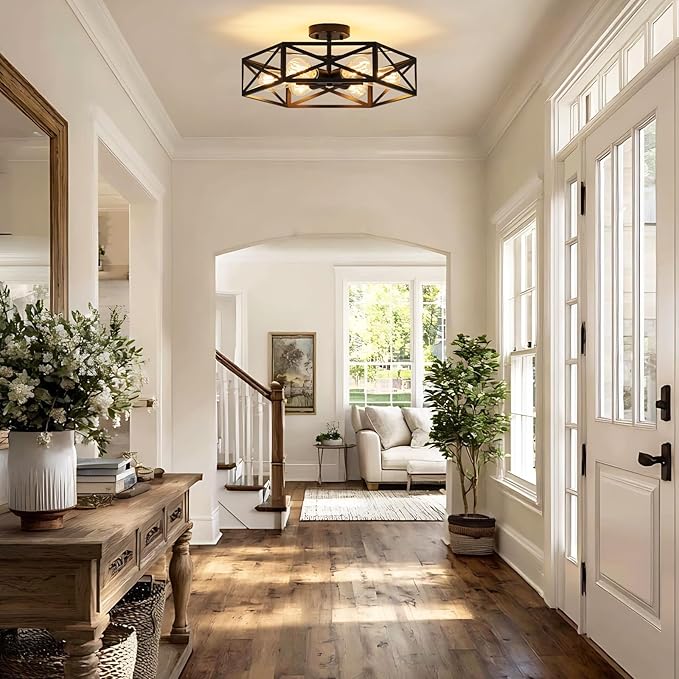 Modern Farmhouse Semi Flush Mount Ceiling Light,Industrial Black Ceiling Lighting Fixture,Hexagonal Close to Ceiling Lights for Kitchen,Living,Dining Room,Bedroom,Foyer,Laundry Room,19.7 Inch