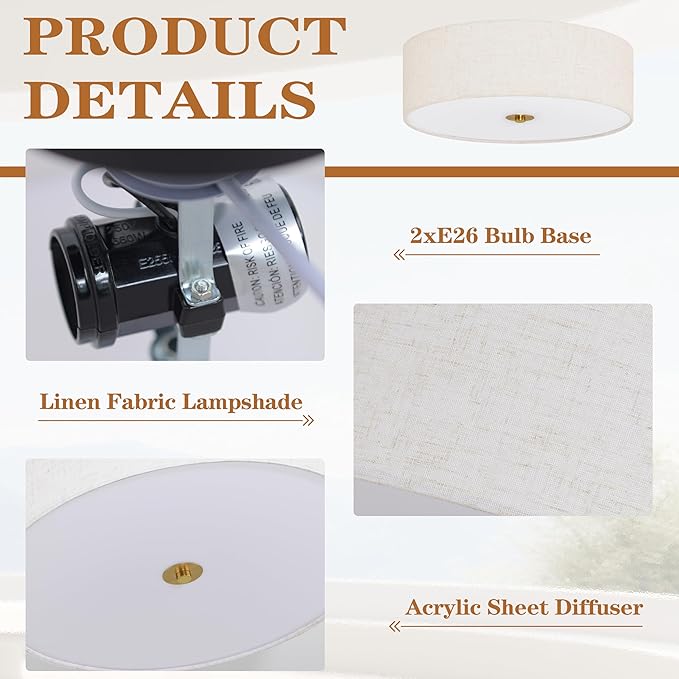 Bagood 12.6 Inch Flush Mount Ceiling Light 2-Light Drum Modern Gold Light Fixture Ceiling Light Fixture Close to Ceiling Light Fixture with Fabric Shade for Living Room Hallway Kitchen Bedroom