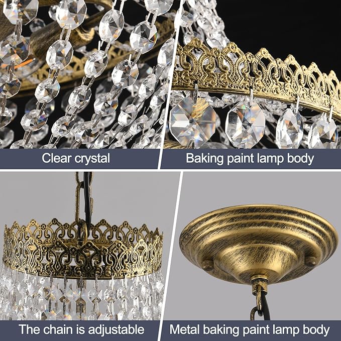6 Lights French Empire Crystal Chandelier Farmhouse Pendant Lighting, Antique Brass Ceiling Light Fixture for Dining Room Bedroom Foyer Living Room, W18.5 x H25.6