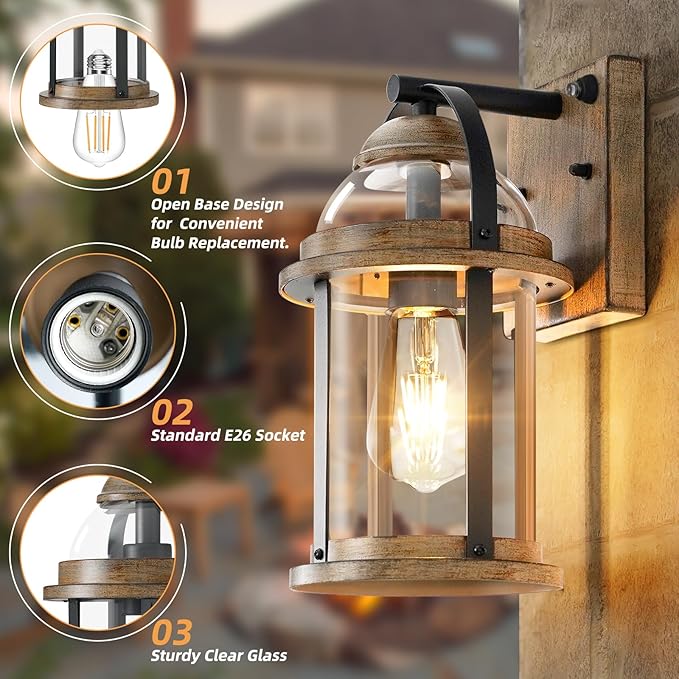 OKELI Dusk to Dawn Outdoor Wall Lights, Waterproof Lighting Fixtures Rustic Farmhouse Wall Lanterns with Clear Glass Shades Anti-Rust Outside Lights for Garage Patio Porch(Brown, 1 Pack)