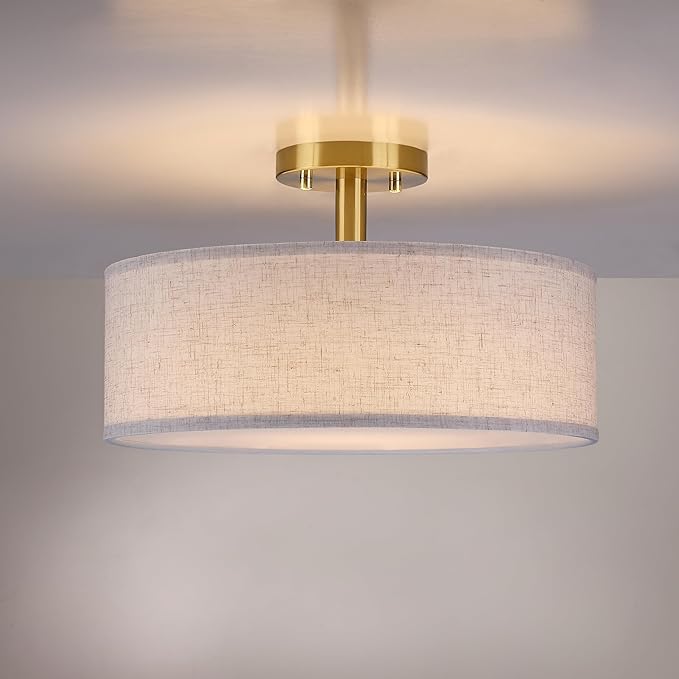 15 Inch Drum Gold 3 Light Semi Flush Mount Close to Ceiling Light Fixture,Linen Fabric Shade for Bedroom,Living Room,Dining Room Hallway