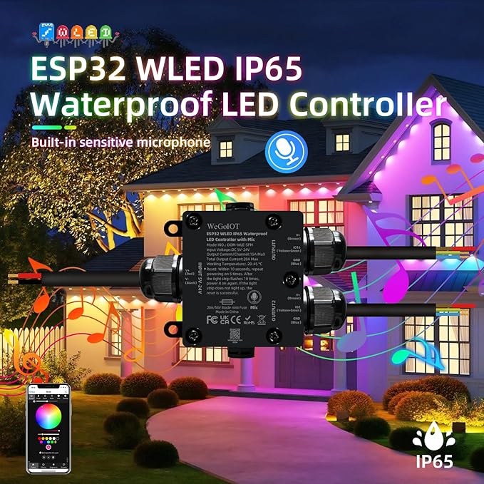 IP65 Waterproof LED Controller, ESP32 WLED WiFi APP Control, Outdoor Music Sync Light Controller, DC5-24V, for WS2812B RGBIC RGBW LED Strip Lights(2 Channel)