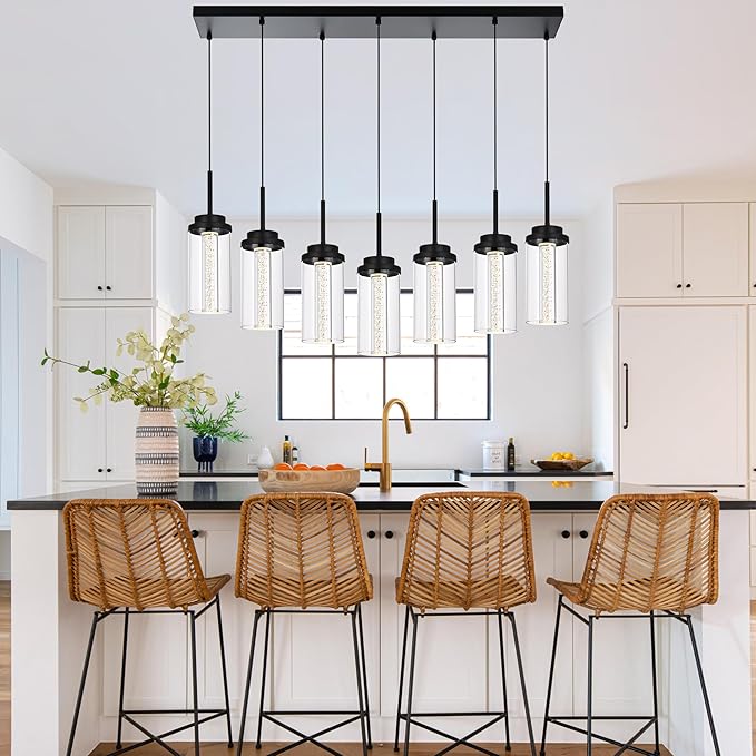 MELUCEE 7-Light Linear Kitchen Island Lighting Fixture, Dimmable Mordern LED Pendant Light with 5 Color Temperature, 30in Black Led Chandelier for Dining Room Kitchen Island, 3000K-6000K, 35W