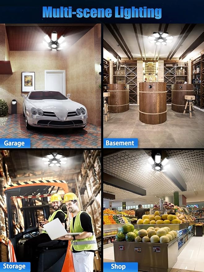 TANBABY 2 Pack LED Garage Lights, 260W Deformable Garage Light Bulb, Total 52000LM 6500K Daylight, 8+1 Adjustable Panels, E26/E27 Screw-in Ceiling Light for Basement