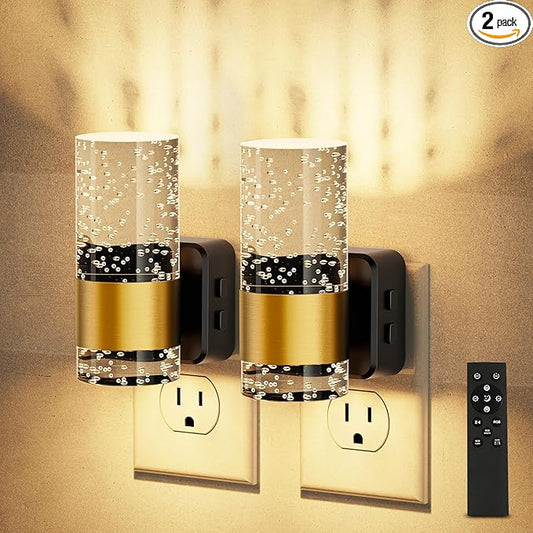 JandCase Night Lights Plug into Wall,2 Pack Color Changing Night Light for Kids with 1 Remote Control, 3000K+RGB LED Nightlight with Light Sensor, 10/50/100LM Adjustable for Rooms Home Decor