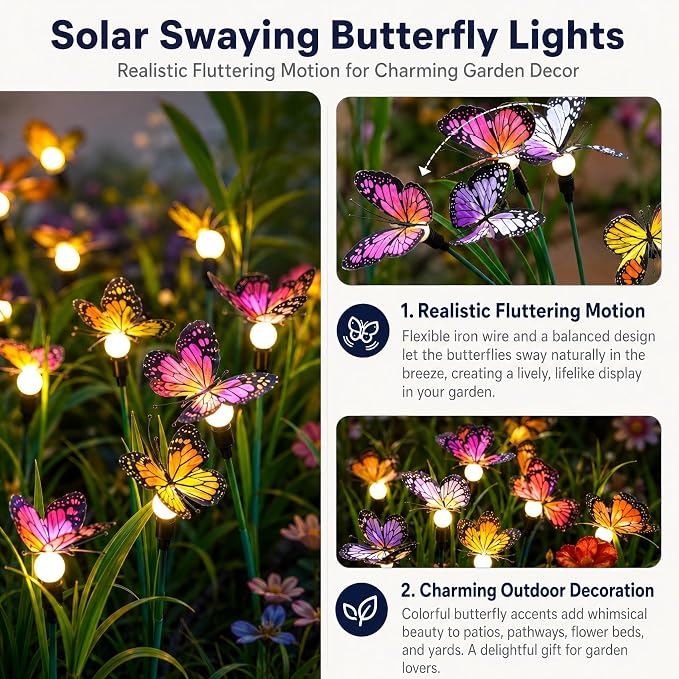 Solar Garden Lights 4 Pack, Upgraded Swaying Butterfly Light,Outdoor Light,Decorative Lights Yard Patio Pathway Decoration, Larger Solar Panel & Better Sway Effect