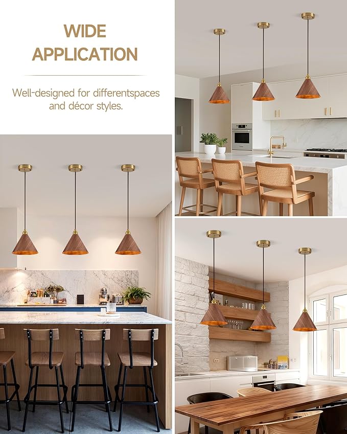 2 Pack Pendant Lights Kitchen Island, 8.3” Modern Pendant Light, Adjustable Height Wood Hanging Light, Kitchen Island Light fixtures for Dining Room, Bedroom, Hallway, Bar (Walnut)