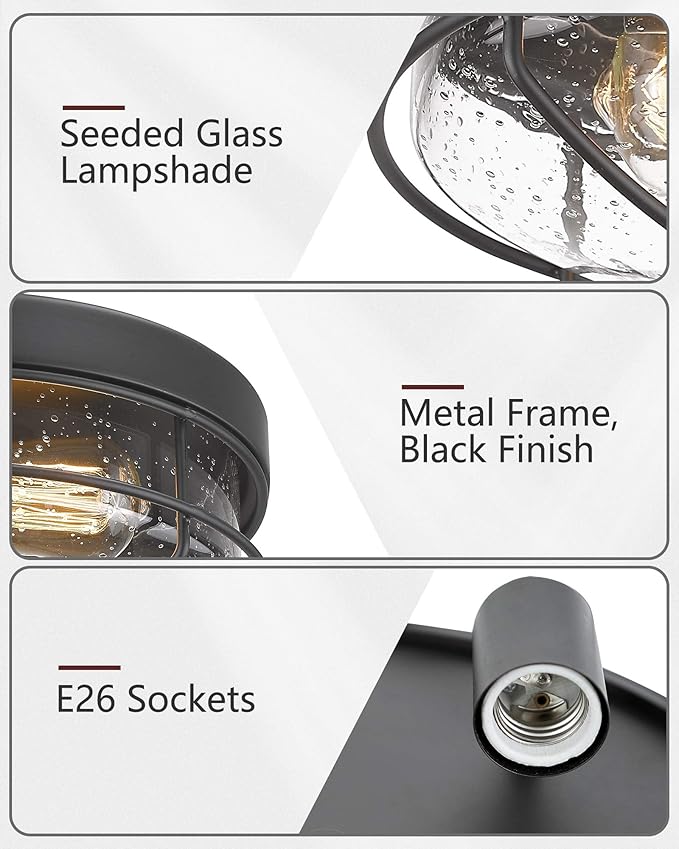HWH INVESTMENT Flush Mount Ceiling Light Fixtures, 12 inch 2-Light Farmhouse Close to Ceiling Light Fixture with Seeded Glass Shade, Sand Black Finish, 5HTJ7-F BK