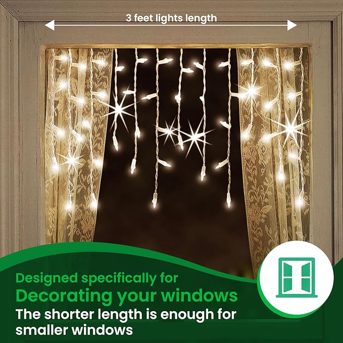 Christmas LED Twinkle Window Icicle Lights - 3 Feet (0.91 m) - 8 of 50 Bulbs Twinkle Random - 50 LED Cool White Bulbs - Indoor Outdoor - Twinkling Icicle Christmas Lights