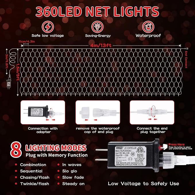 HEYFUNi Net Mesh String Lights, 360LED Red Light Bulbs, 8 Lighting Modes, for Indoor Outdoor, Curtain, Christmas Tree, Bush, Party, Wedding, Fairy, Wall Decor (13 ft x 5 ft,Red)
