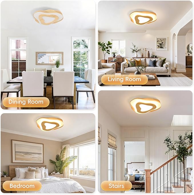 Littleglovo 15.7" Modern Flush Mount LED Chandelier for Dining Room, Dimmable Natural Wood Petal Energy Chandeliers Ceiling Light for Entryway Bedroom Foyer Kitchen Living Room Bathroom