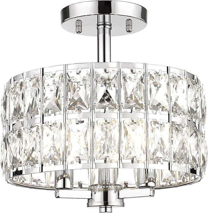 CALDION Semi Flush Mount Ceiling Light Fixture, 11" Crystal Light Fixture, 3-Light Modern Chandelier with Chrome Finish for Bathroom, Dinning Room, Hallway, Bedroom, 6869SM-CH-3