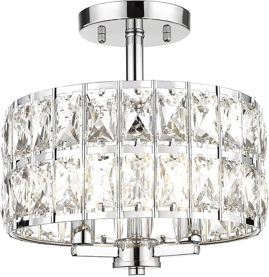 CALDION Semi Flush Mount Ceiling Light Fixture, 11" Crystal Light Fixture, 3-Light Modern Chandelier with Chrome Finish for Bathroom, Dinning Room, Hallway, Bedroom, 6869SM-CH-3