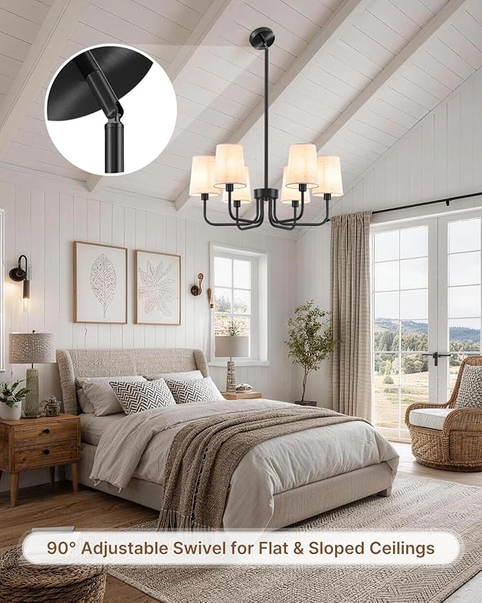 Yunnix 6 Light Black Chandelier for Dining Room Modern Farmhouse - Chandelier with Linen Shades - No Assembly Required & UL Certified - 25" Adjustable Hanging Light for Kitchen Island, Bedroom