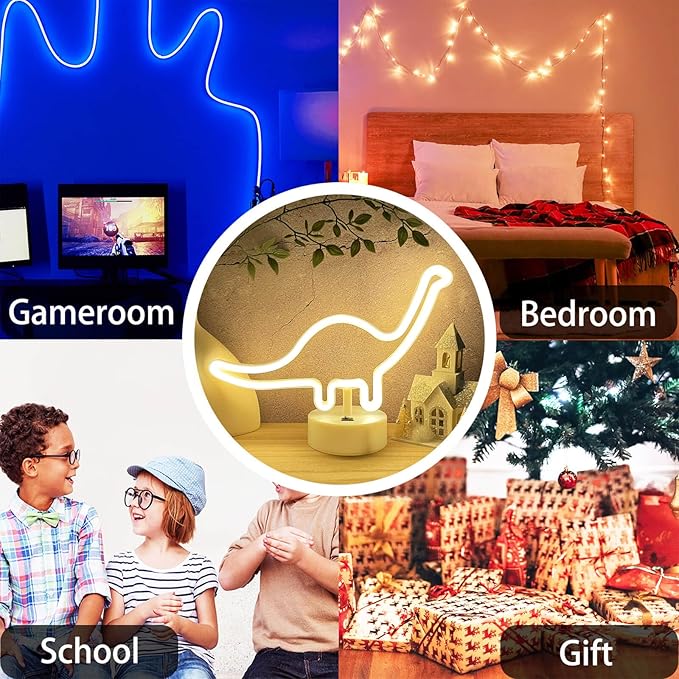 HOHOSIGN Dinosaur Neon Sign Dino Light Warm White LED Dinosaur Neon Light Room Decor for Boys Kids Girls Bedroom Nursery, Table Desk Stand USB/Battery LED Sign Toddlers Present Christmas