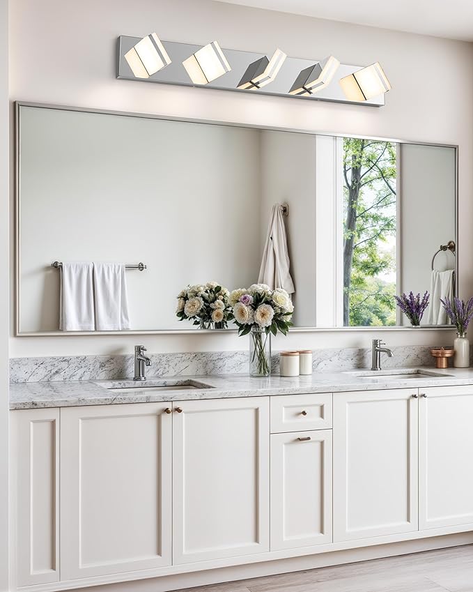 VONLUCE Bathroom Vanity Light Fixture, 5-Light Modern LED Vanity Light, 3CCT Adjustable Bathroom Lights with Memory Function Rotatable Shades, 34" Wall Lighting Fixture Over Mirror, Chrome