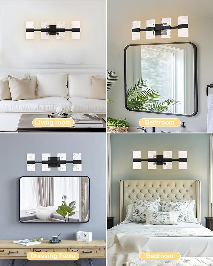 Black LED 3000K Bathroom Light Fixture, Modern 4-Lights Vanity Lighting with Smoke Acrylic Shades, Wall Lamp Over Mirror for Kitchen Bedroom Dress Table (Integrated Led Chips Included)