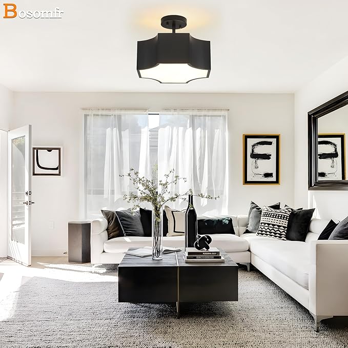 Modern Black 3-Light Ceiling Light Fixture, 12.6'' Metal Industrial Semi Flush Mount Close to Ceiling Light, Farmhouse Light Fixtures Ceiling Mount, Geometry Chandelier for Kitchen, Hallway