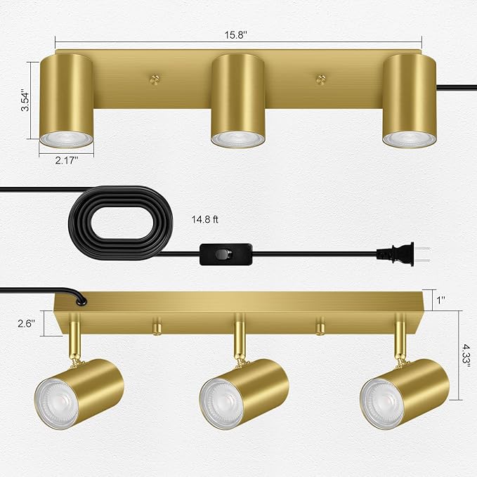 AUQUEE 3 Light Track Lighting Kit,Gold 3 Way Modern Plug in Ceiling Spotlight,Industrial LED Wall Light for Kitchen Cabinet Gallery Bar Hallway Living Room,Rocker Switch,15 Foot Cord(No Bulb)