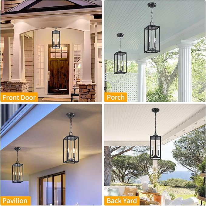 Large Outdoor Pendant Light 2-Light, 15'' Dusk to Dawn Modern Black Metal Outside Chandelier Exterior Hanging Fixture Ceiling Mount with Clear Glass for Front Porch Entrance Foyer Entryway, 1 Pack