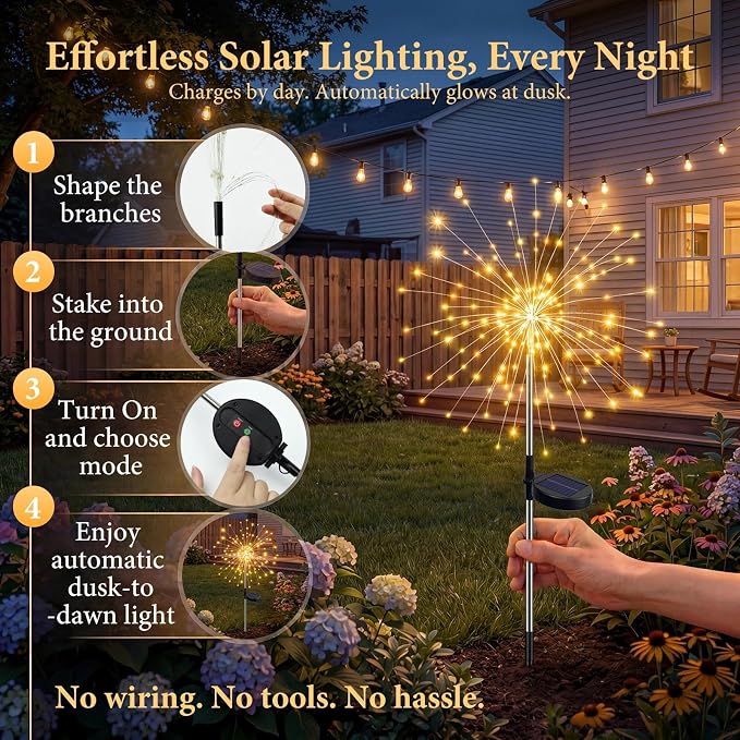 Solar Firework Lights, 10 Pack 120 LEDs 8 Lighting Modes Twinkle Solar Garden Lights Outdoor Waterproof for Yard Patio Walkway Pathway Party Wedding Balcony Decorative- Warm White