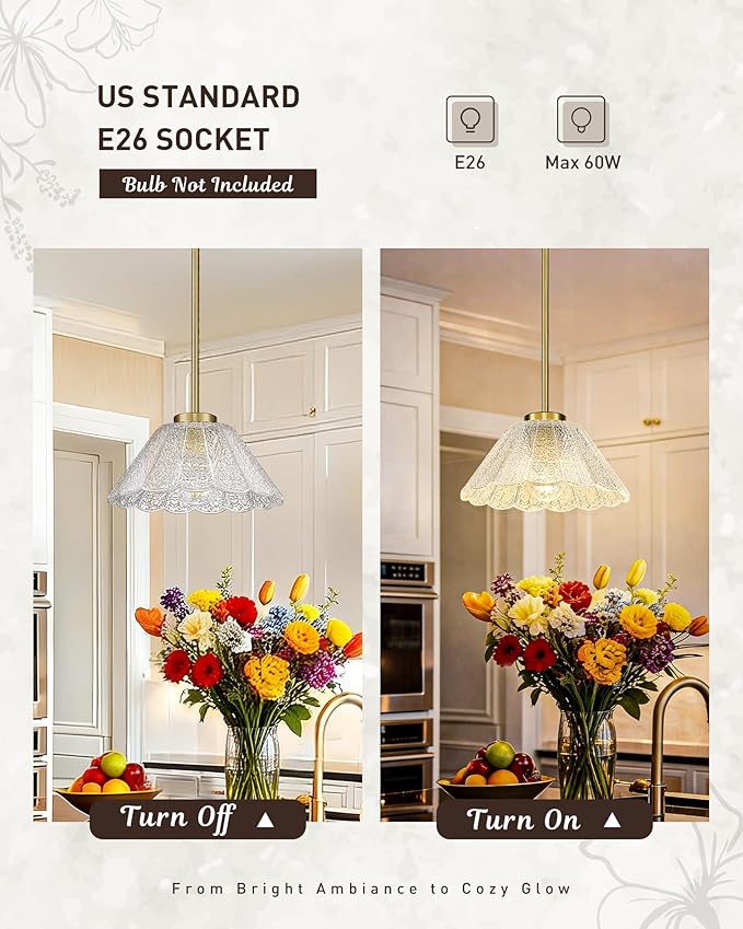 Modern Pendant Light Fixtures, HWH Pendant Lights for Island Dining Room Hallway, Bedroom, Gold Hanging Lighting with Clear Floral Glass, Brushed Gold Finish, 5HJX110MIL BG