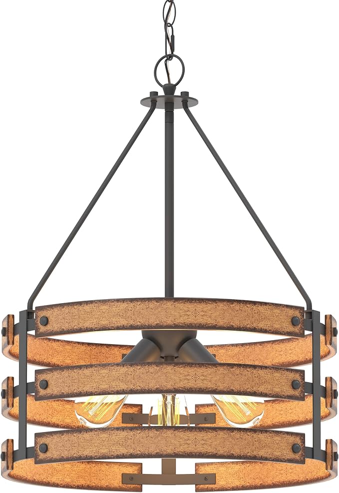 Inlight 18" Rustic and Industrial Design Farmhouse 3-Light Pendant for Kitchen Island, Textured Black and Faux Weathered Wood Finish, Metal Circular Hanging Chandelier for Foyer, IN-0335-3-WD