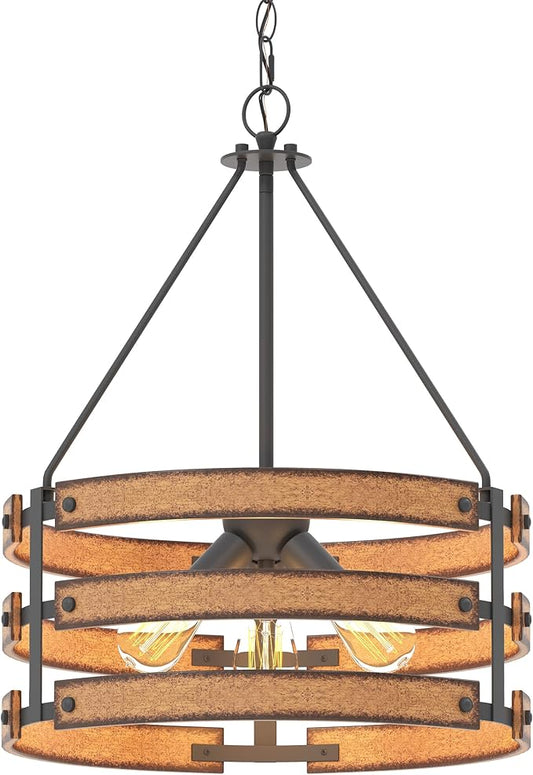 Inlight 18" Rustic and Industrial Design Farmhouse 3-Light Pendant for Kitchen Island, Textured Black and Faux Weathered Wood Finish, Metal Circular Hanging Chandelier for Foyer, IN-0335-3-WD