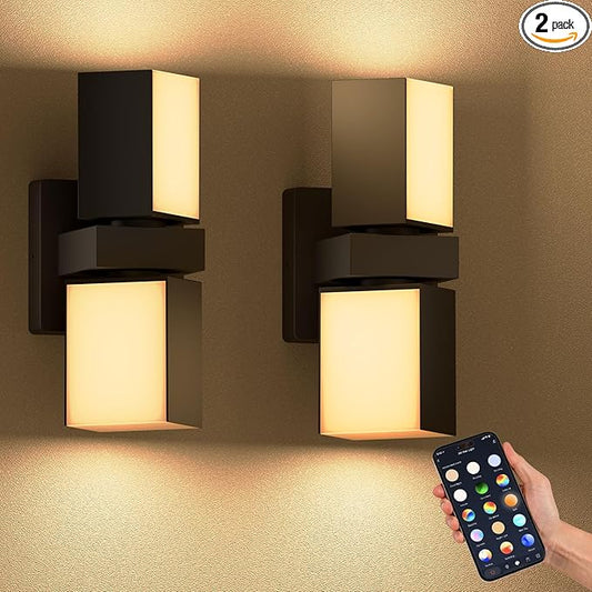 XMCOSY+ Outdoor Wall Lights, 1400LM Smart RGBCW Exterior Lighting Fixtures Adjustable Dual-Head Outdoor Light Fixture, WiFi APP Control, Alexa Compatible, Waterproof Porch Lights Outdoor, 2 Pack