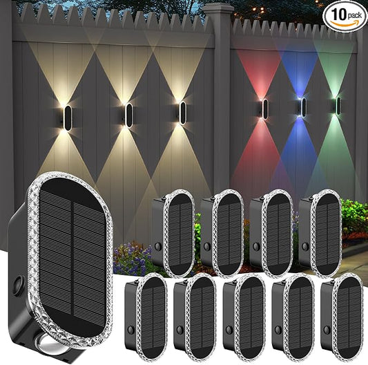 Herzila 10 Pack Solar Fence Lights,RGBW Solar Powered Fence Wall Lights, Waterproof 7-Color Changing Up Down Lighting Wall Lights for Outdoor/Patio/Porch/Pool Cage