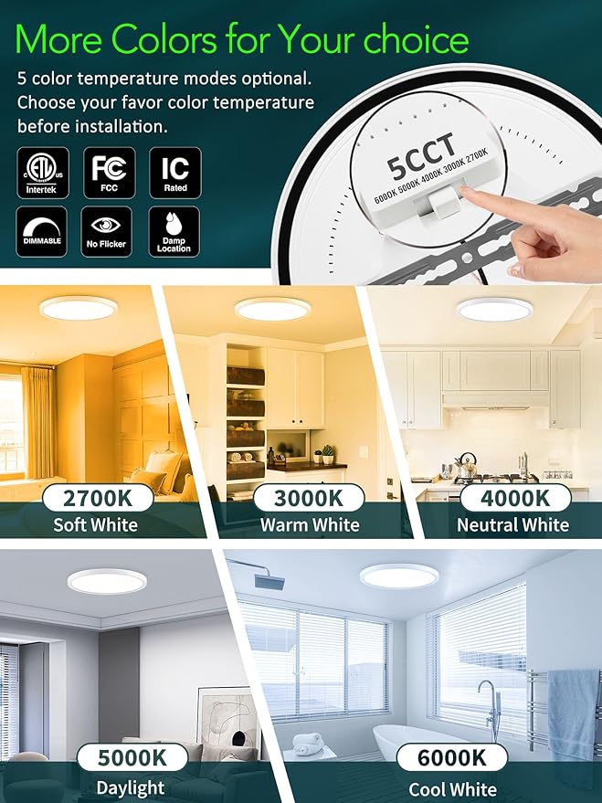 zouzai 3rd Gen Fireproof LED Flush Mount Ceiling Light, Dimmable 5CCT 2700K-6000K, 9 Inch 18W Ultra-Thin Round Fixture for Bedroom, Hallway, Closet, Laundry, Kitchen, ETL Listed (9 inch,1 Pack)