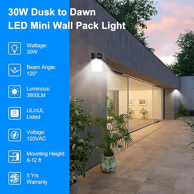 30W Mini LED Wall Pack Light with Dusk to Dawn Photocell, 5000K Wall Pack Light Outdoor Led, AC120V 3600LM Waterproof Outdoor Commercial Lighting Fixture for Garage, Warehouse, Garden, (4 Pack)