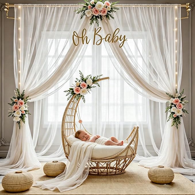 20×10ft White Tulle Backdrop Curtains with Lights String for Wedding Parties Sheer Backdrop Curtain Backdrop for Engagement Bridal Baby Shower Birthday Party Home Decoration 5ft×10ft, 4 Panels