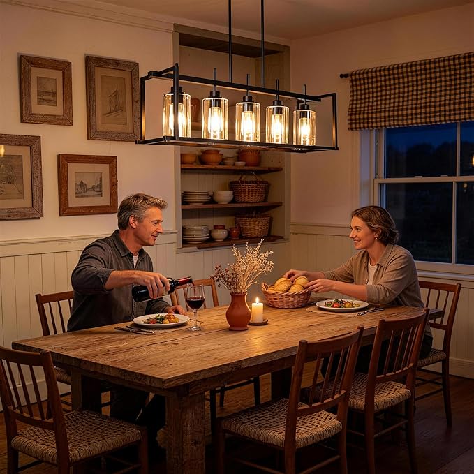 DSMJFU Matte Black Farmhouse Dining Room Lighting Fixture, 5-Light Linear Pendant Lighting, Rectangle Kitchen Light with Amber Glass Shades, Adjustable Height Rectangle Hanging for Kitchen Table