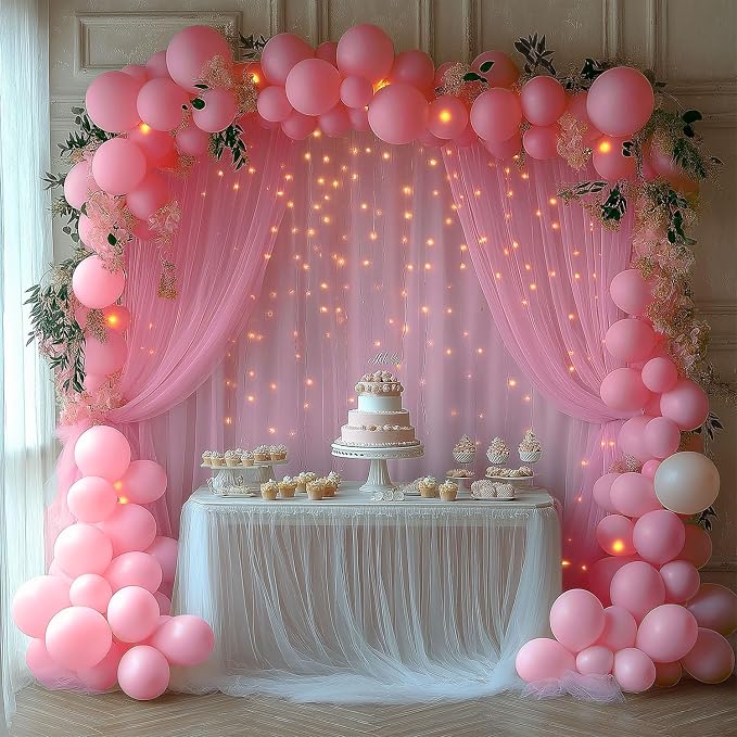 10x10ft Pink Tulle Backdrop Curtain with Lights String Sheer Drapes for Baby Shower for Girls, Bridal Shower, Birthday, Photo Booth, Party, Home Decor (2 Panels, Pink)