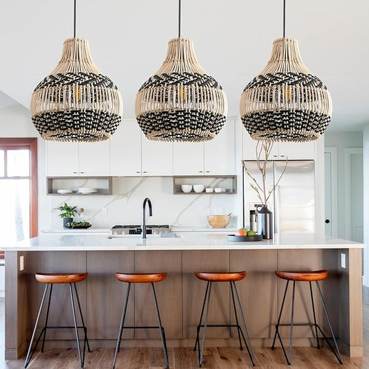 3-Pack Fax Rattan Pendant Light Fixture Mini Hand-Woven Black White Rattan Chandelier 10.24" Boho Wicker Hanging Lamp for Dining Living Bedroom Kitchen Farmhouse